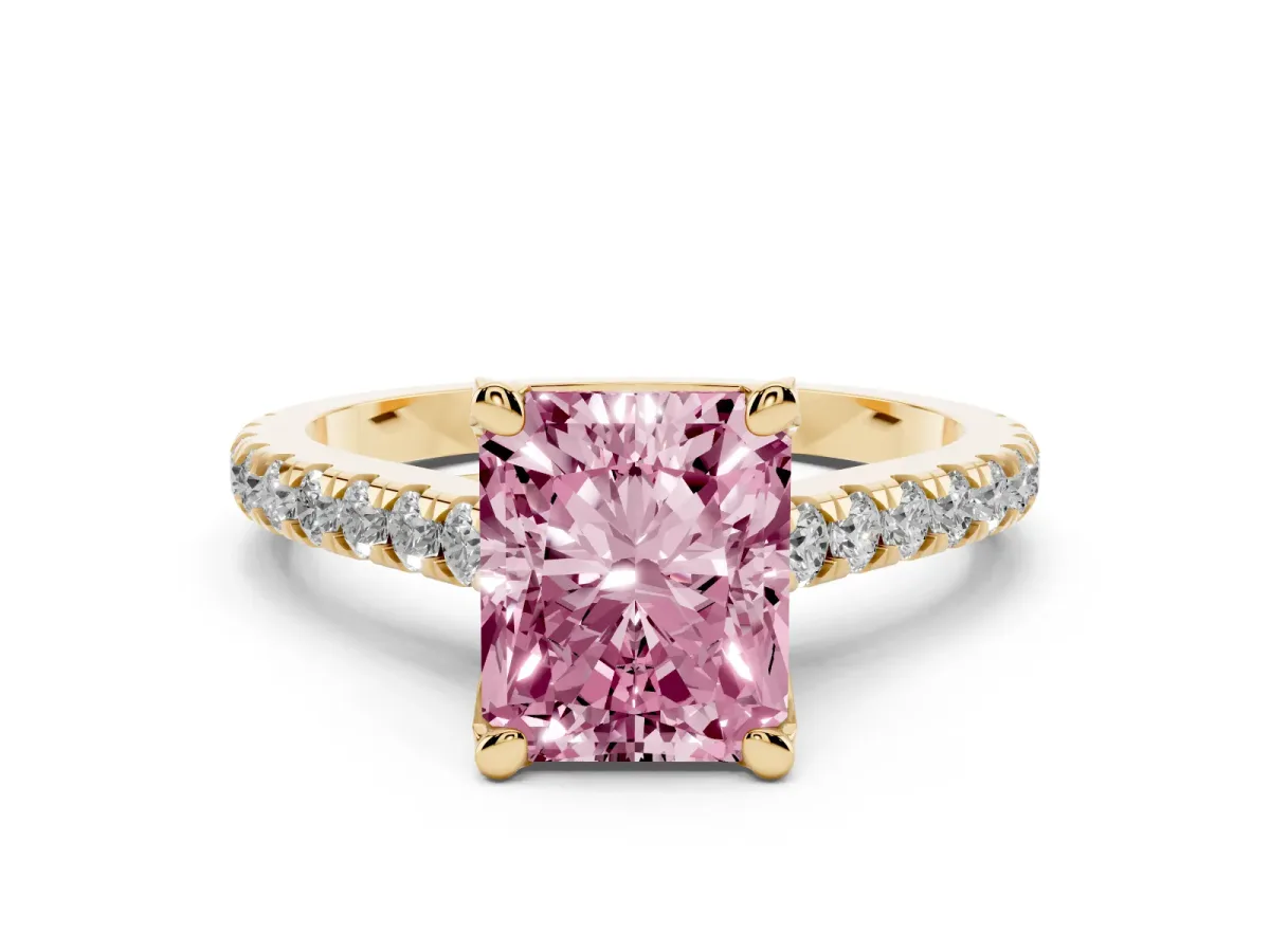Fancy Pink Radiant Cut Diamond Solitaire Ring Set in Yellow gold with Brilliant Pavé Band and Prong Setting