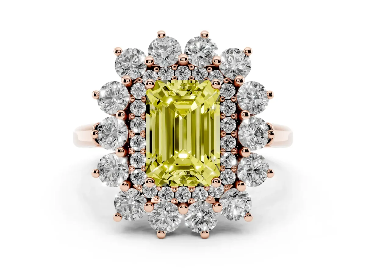 Fancy Yellow Emerald Cut Diamond Floral Double Halo Ring Set in Rose gold with Round Petals