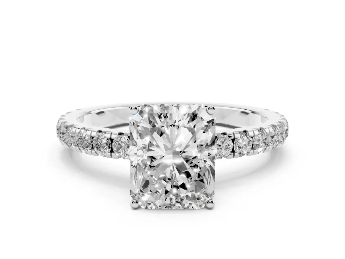 Radiant Cut Diamond Pavé Solitaire Engagement Ring Set in Platinum with Prong Setting