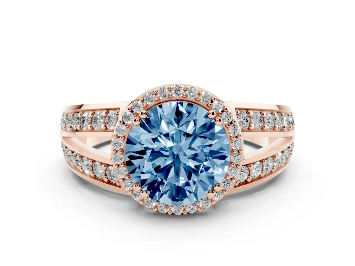 Fancy Blue Round Cut Diamond Halo Ring Set in Rose gold with Double Pavé Split Shank