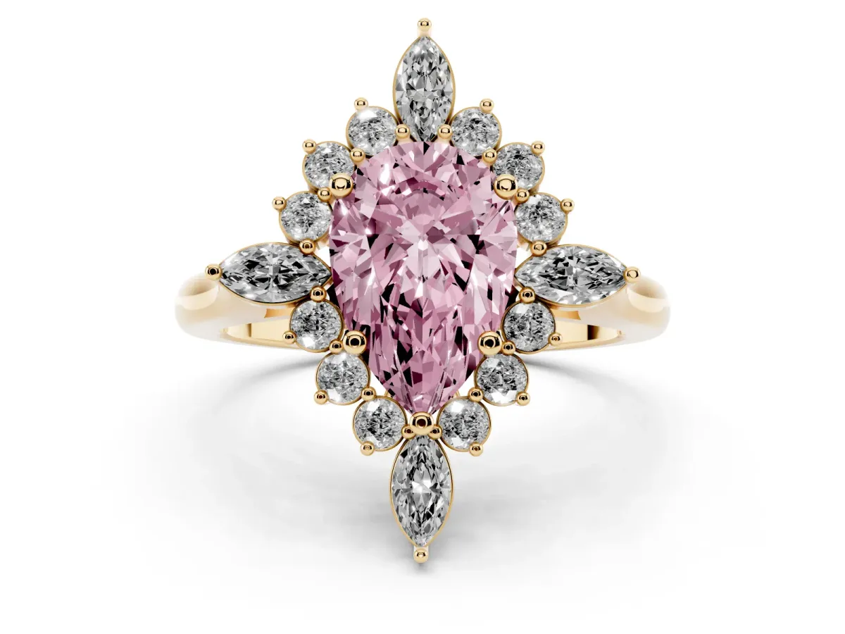 Fancy Pink Pear Cut Diamond Cluster Halo Ring Set in Yellow gold with Marquise and Round Accents