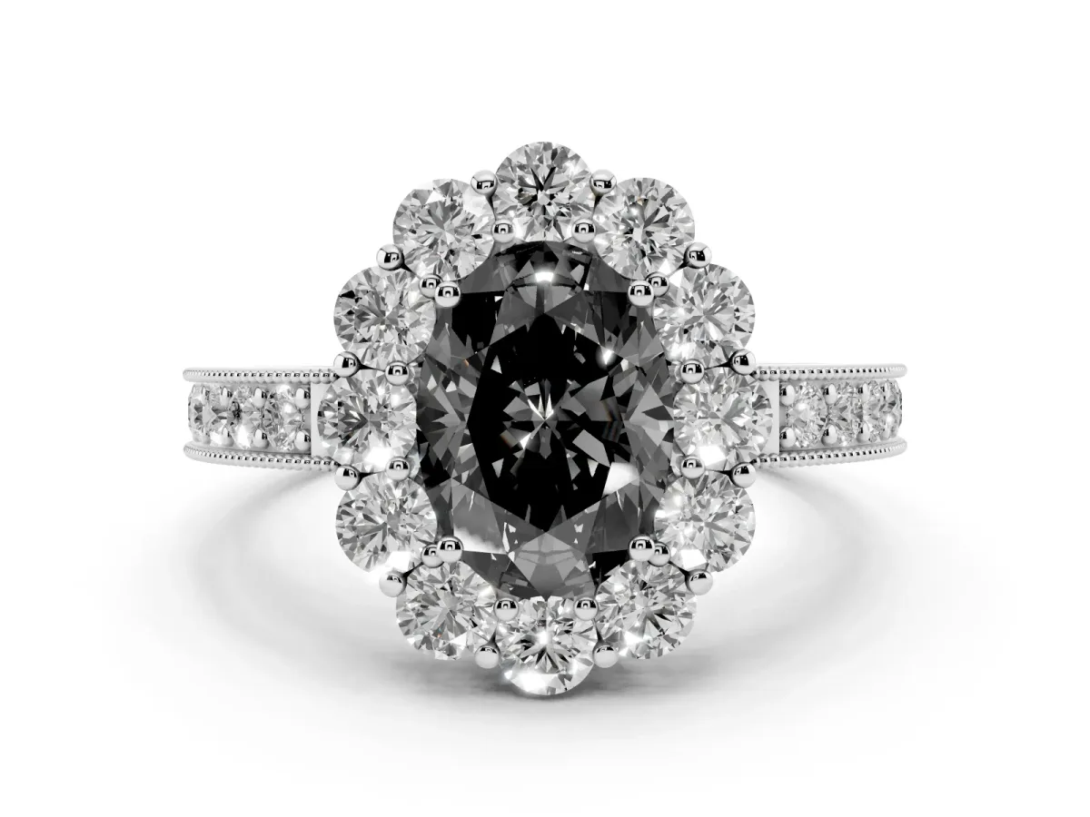 Fancy Black Oval Cut Diamond Halo Pavé Engagement Ring Set in White gold with Milgrain Detailing