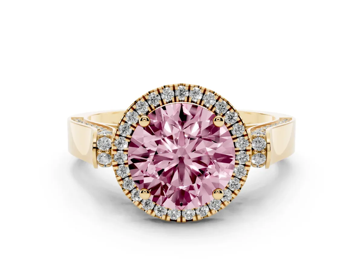Fancy Pink Round Cut Diamond Halo Ring Set in Yellow gold with Pavé-Lined Split Shank Band