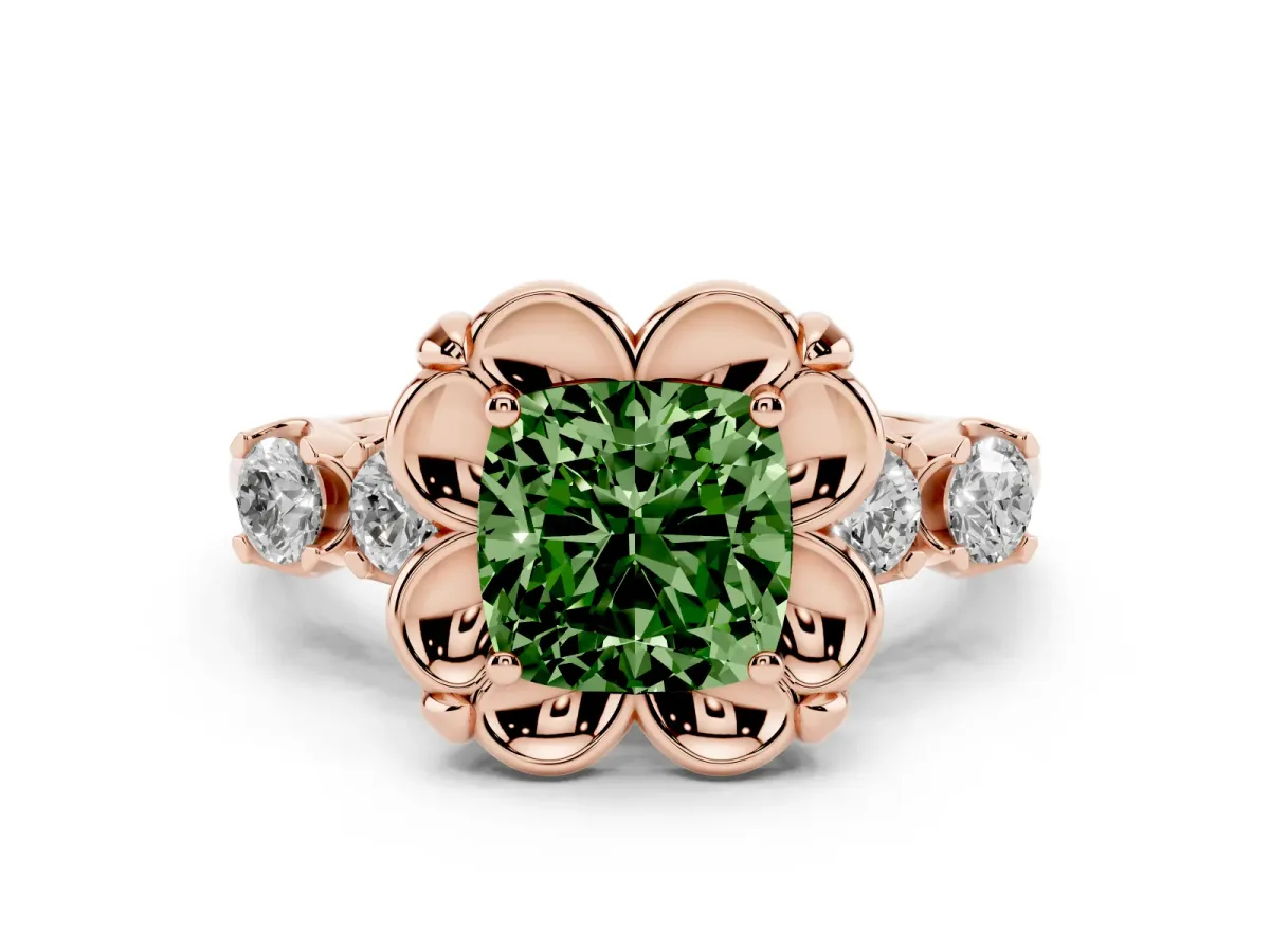 Fancy Green Cushion Cut Diamond Floral Halo Ring Set in Rose gold with Shared Prong Band