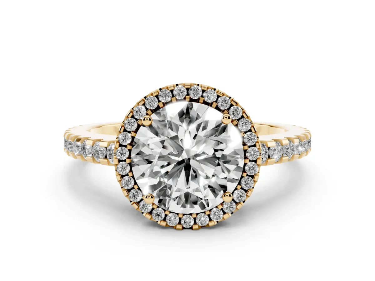 Round Cut Diamond Halo Ring Set in Yellow gold with Pavé Shoulders and Halo-Framed Center