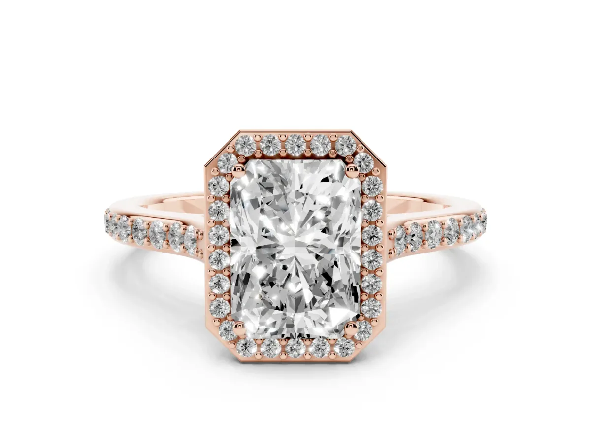 Radiant Cut Diamond Halo Engagement Ring Set in Rose gold with Round Pavé Shoulders and Heart Gallery