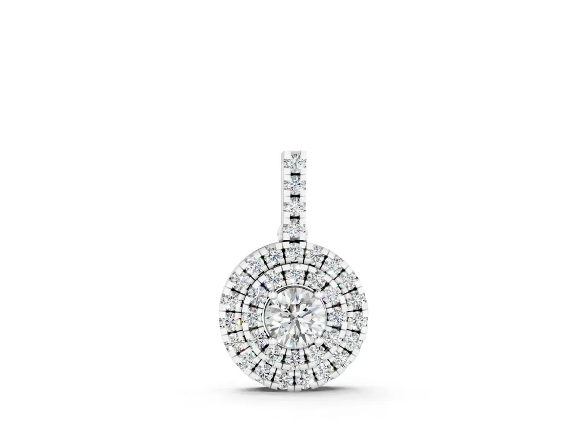 Round Double Halo Diamond Pendant Set in White gold with Prong Setting