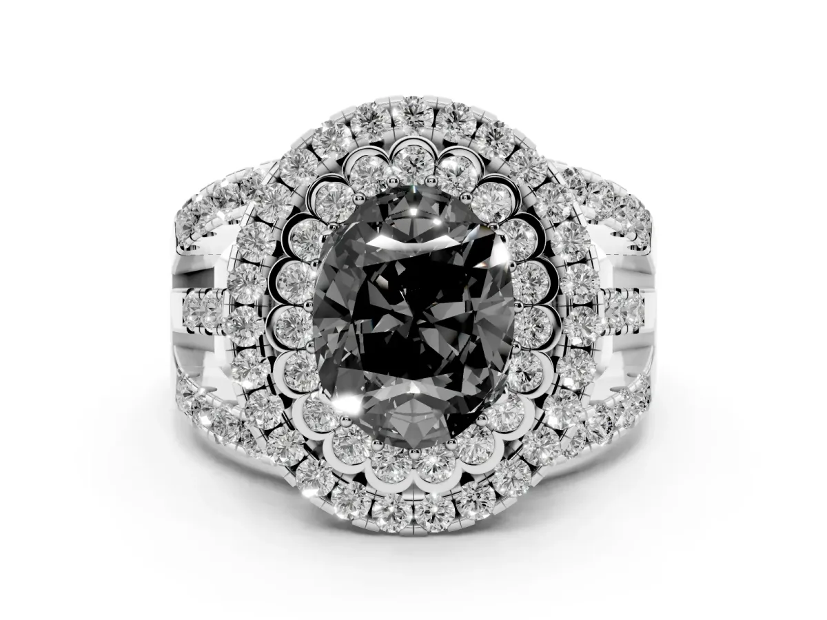 Fancy Black Oval Cut Diamond Double Halo Ring Set in White gold with Round Pavé Split Shank