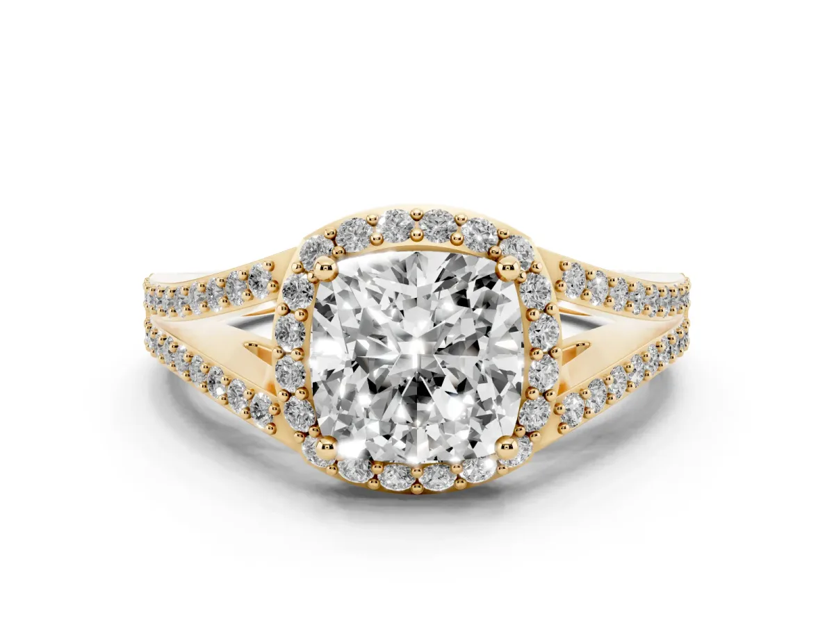 Cushion Cut Diamond Halo Split Shank Pavé Ring Set in Yellow gold with Prong Setting
