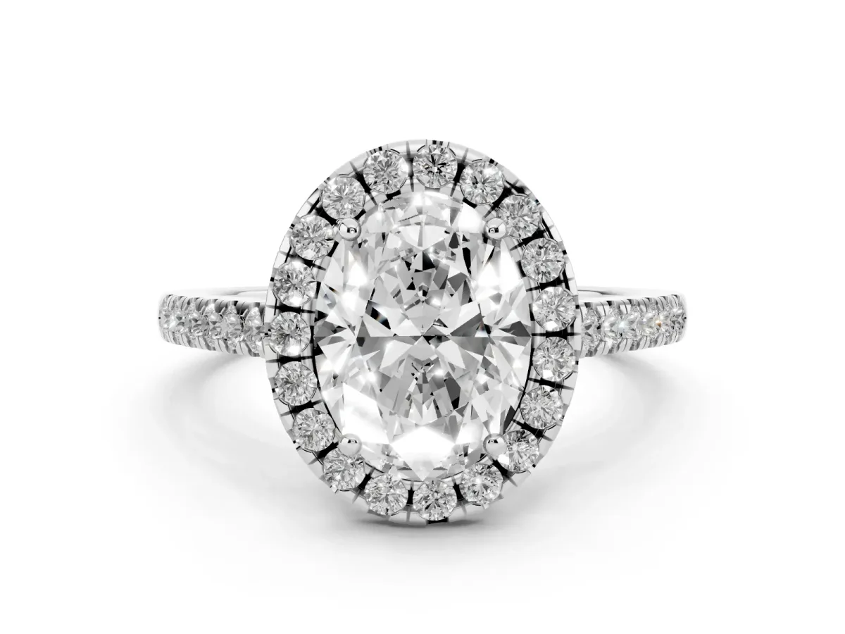 Oval Cut Diamond Pavé Halo Engagement Ring Set in Platinum with Pavé Band and Prong Setting