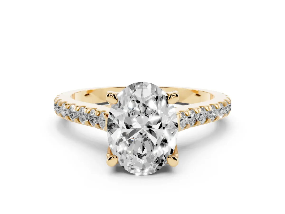 Oval Cut Diamond Solitaire Ring Set in Yellow gold with Brilliant Pavé Band and Prong Setting