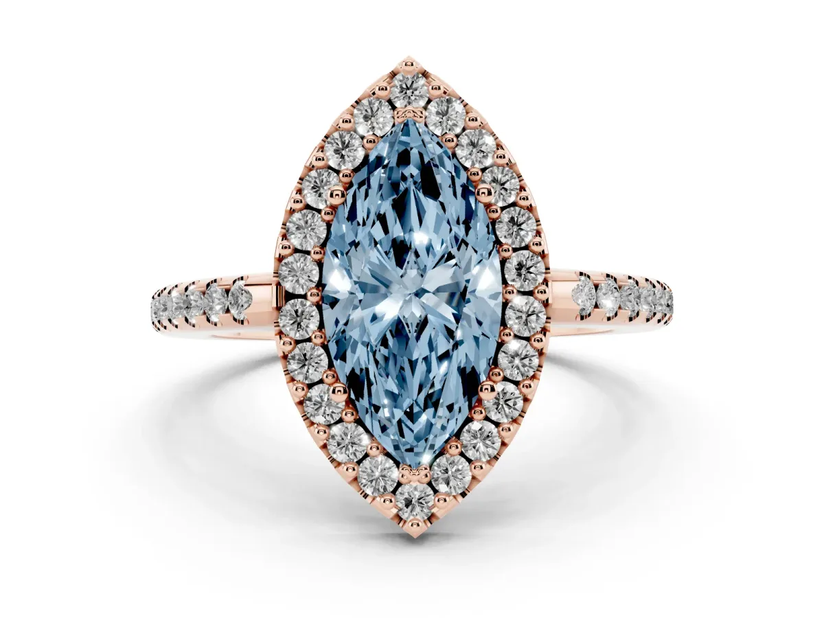 Fancy Blue Marquise Cut Diamond Pavé Halo Ring Set in Rose gold with Prong Setting