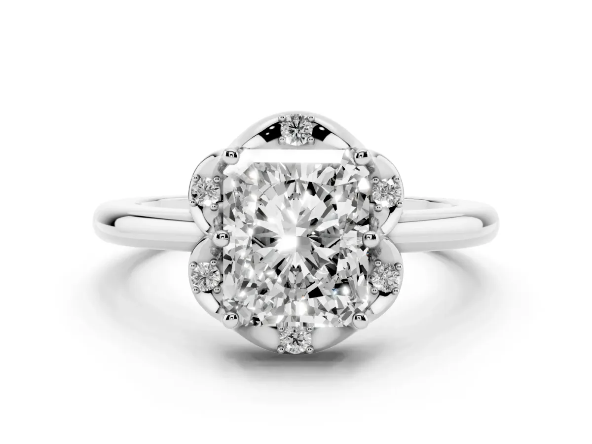Radiant Cut Diamond Round Cluster Halo Ring Set in Silver with Solitaire Band and Prong Setting