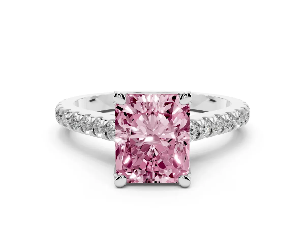 Fancy Pink Radiant Cut Diamond Solitaire Ring Set in Platinum with Brilliant Pavé Band and Prong Setting
