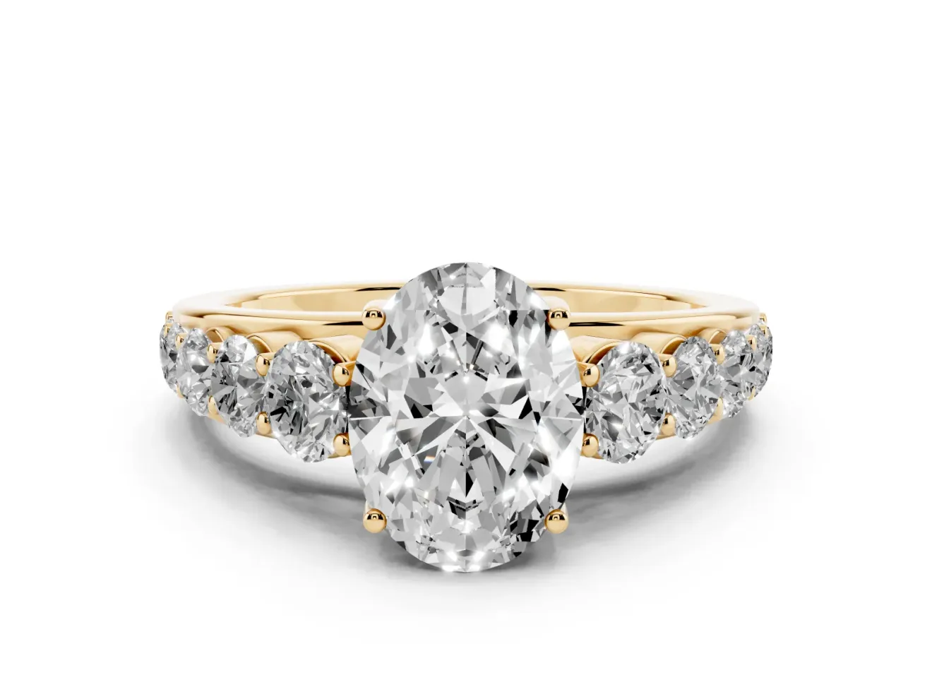 Oval Graduated Side Stone Engagement Ring Setting | Flat Top Band | Yellow Gold