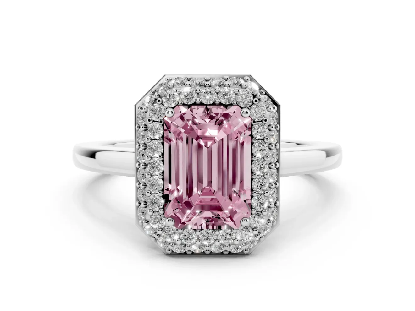 Fancy Pink Emerald Cut Diamond Halo Engagement Ring Set in Silver with Solitaire Band and Prong Setting