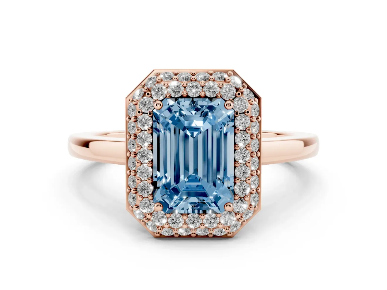 Emerald Cut Pave Halo Engagement Ring Setting for a Fancy Blue Lab-Grown Diamond | Slim Plain Band | Rose Gold