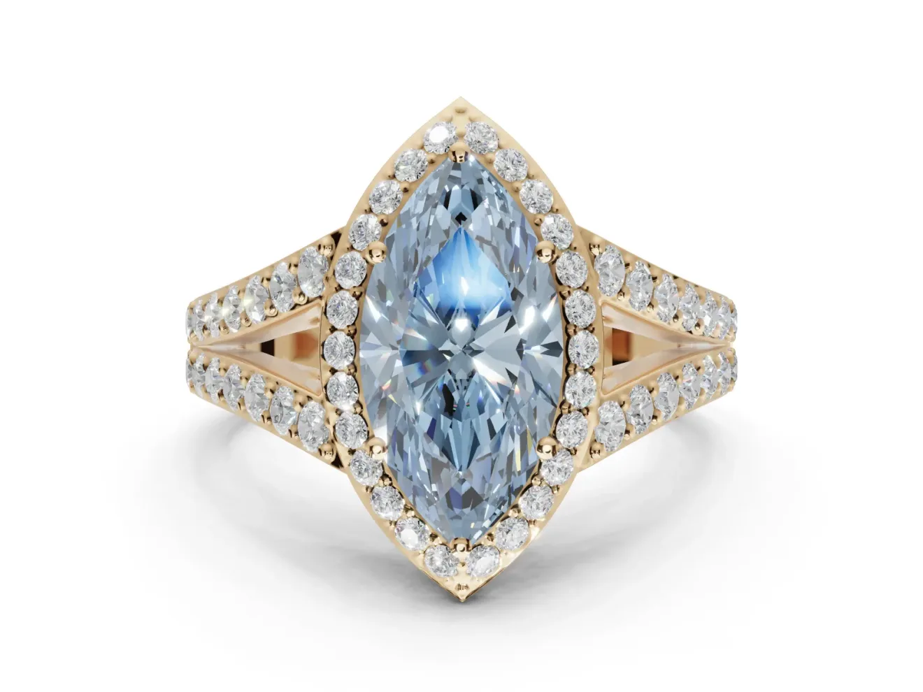 Marquise Halo Pavé Engagement Ring Setting for a Fancy Blue Lab-Grown Diamond | Narrow Split Shank | Yellow Gold