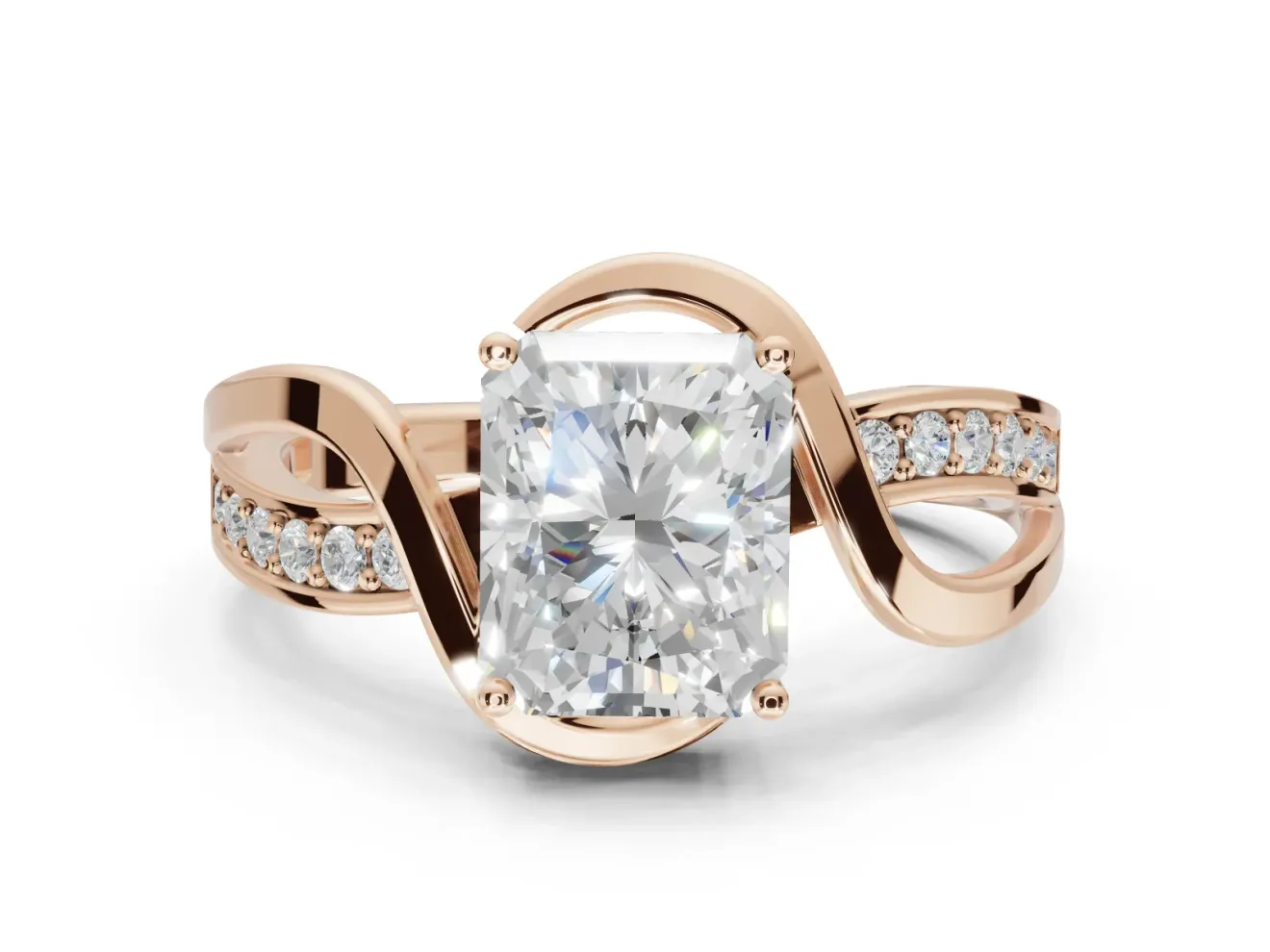 Radiant Cut Bypass Solitaire Engagement Ring Setting | Pavé and Plain Strands | Rose Gold