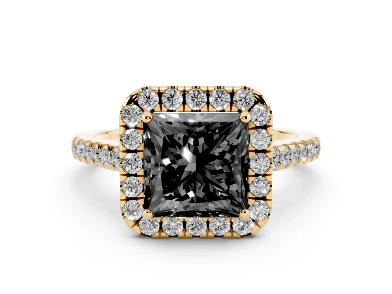 Princess Cut Halo Engagement Ring Setting for a Black Center | Pavé Shoulders | Yellow Gold