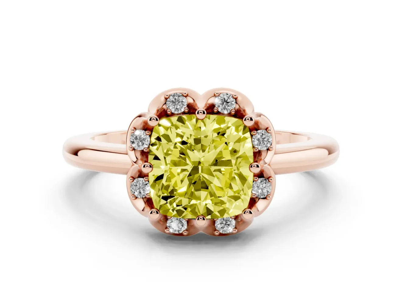 Cushion Cut Petal Halo Engagement Ring Setting for a Fancy Yellow Lab-Grown Diamond | Rose Gold