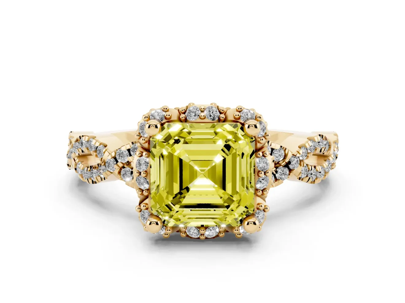 Fancy Yellow Asscher Cut Diamond Halo Twist Band Solitaire Ring Set in Yellow gold with Prong-Set Center Stone