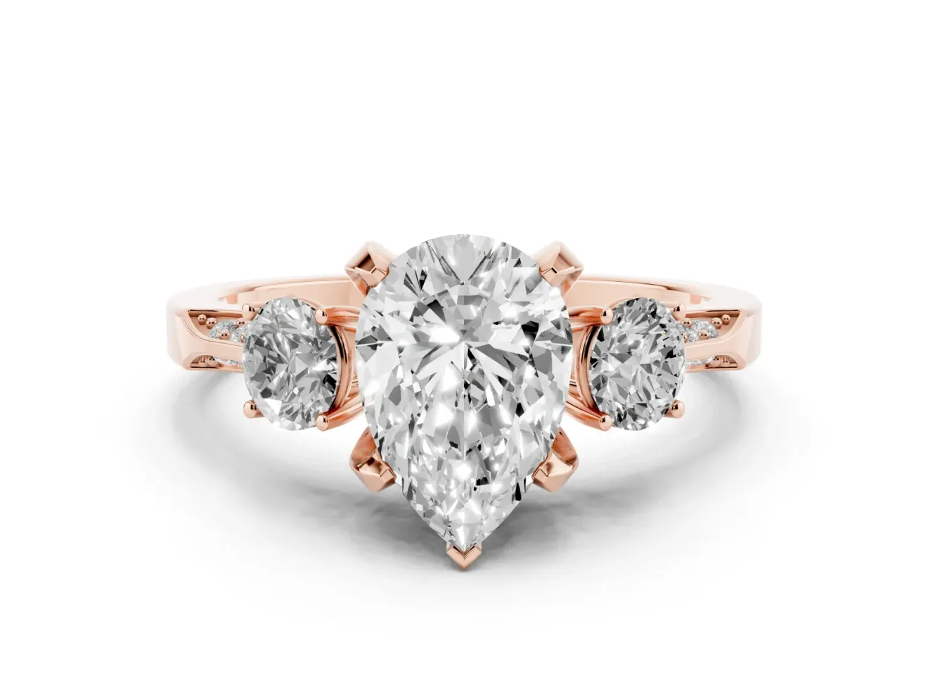 Pear-Shaped Hidden Halo Three Stone Engagement Ring Setting | Pave Gallery | Rose Gold