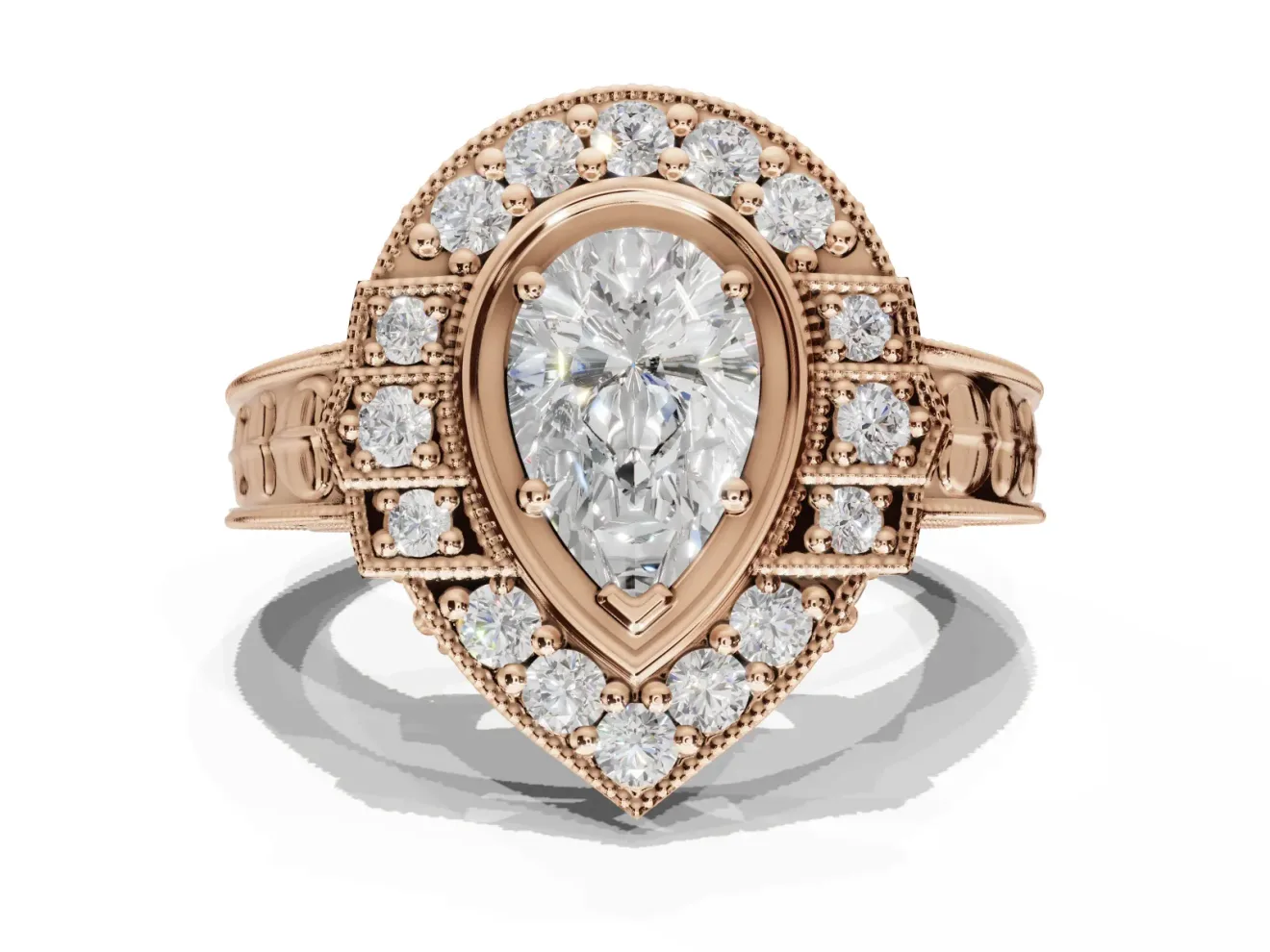 Pear-Shaped Vintage Halo Engagement Ring Setting | Art Deco Side Panels | Rose Gold