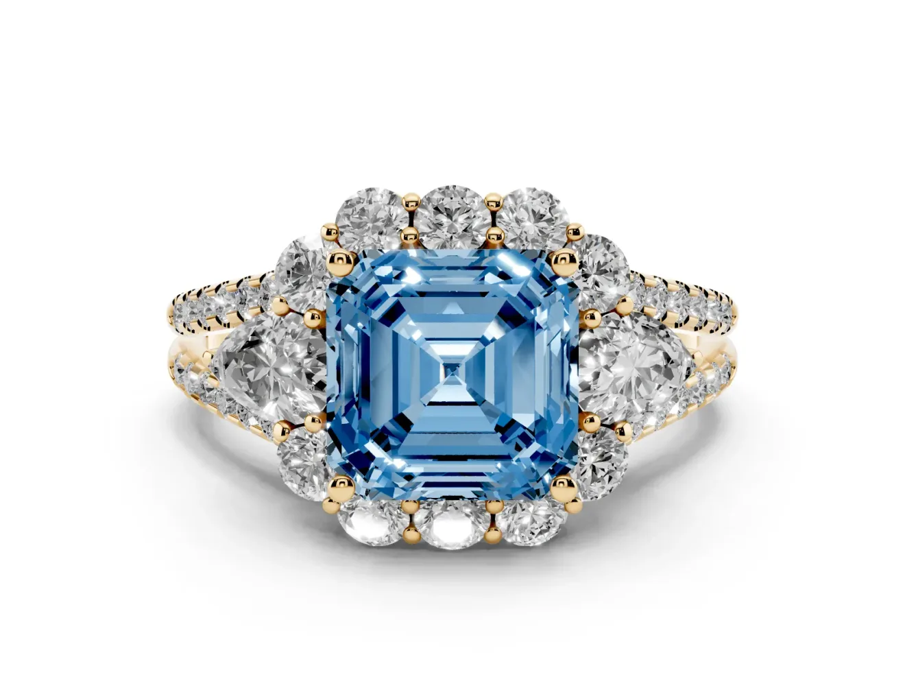 Asscher Cut Scalloped Halo Engagement Ring Setting for a Fancy Blue Lab-Grown Diamond | Pear Side Stones | Yellow Gold
