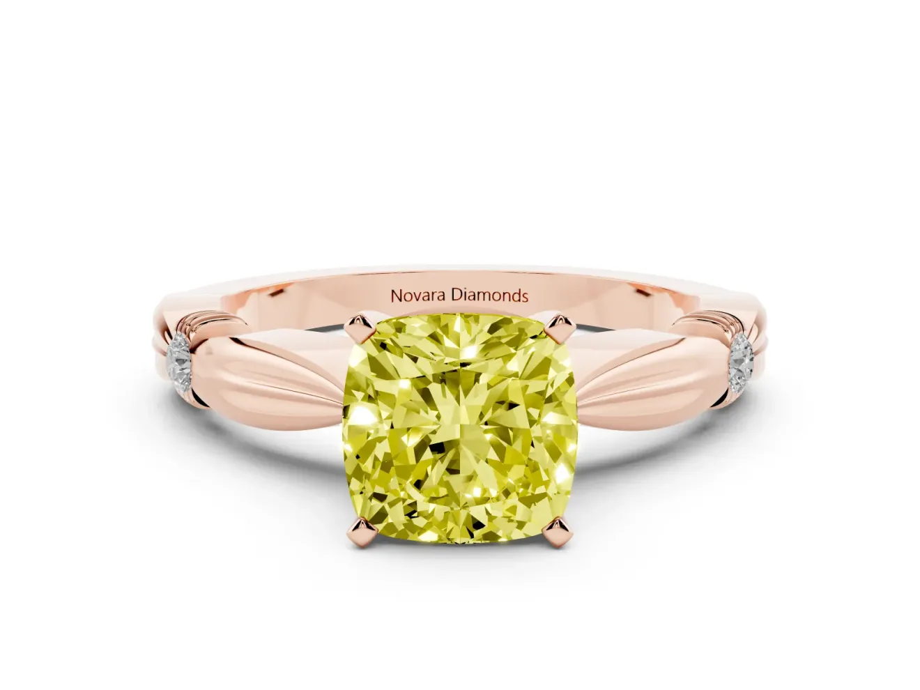 Fancy Yellow Cushion Cut Diamond Solitaire Twisted Band Ring Set in Rose gold with Accent Stones and Prong Setting