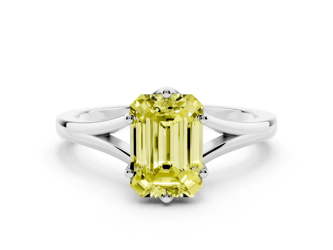Fancy Yellow Emerald Cut Diamond Solitaire Ring Set in Silver with Polished Tapered Band and Prong Setting