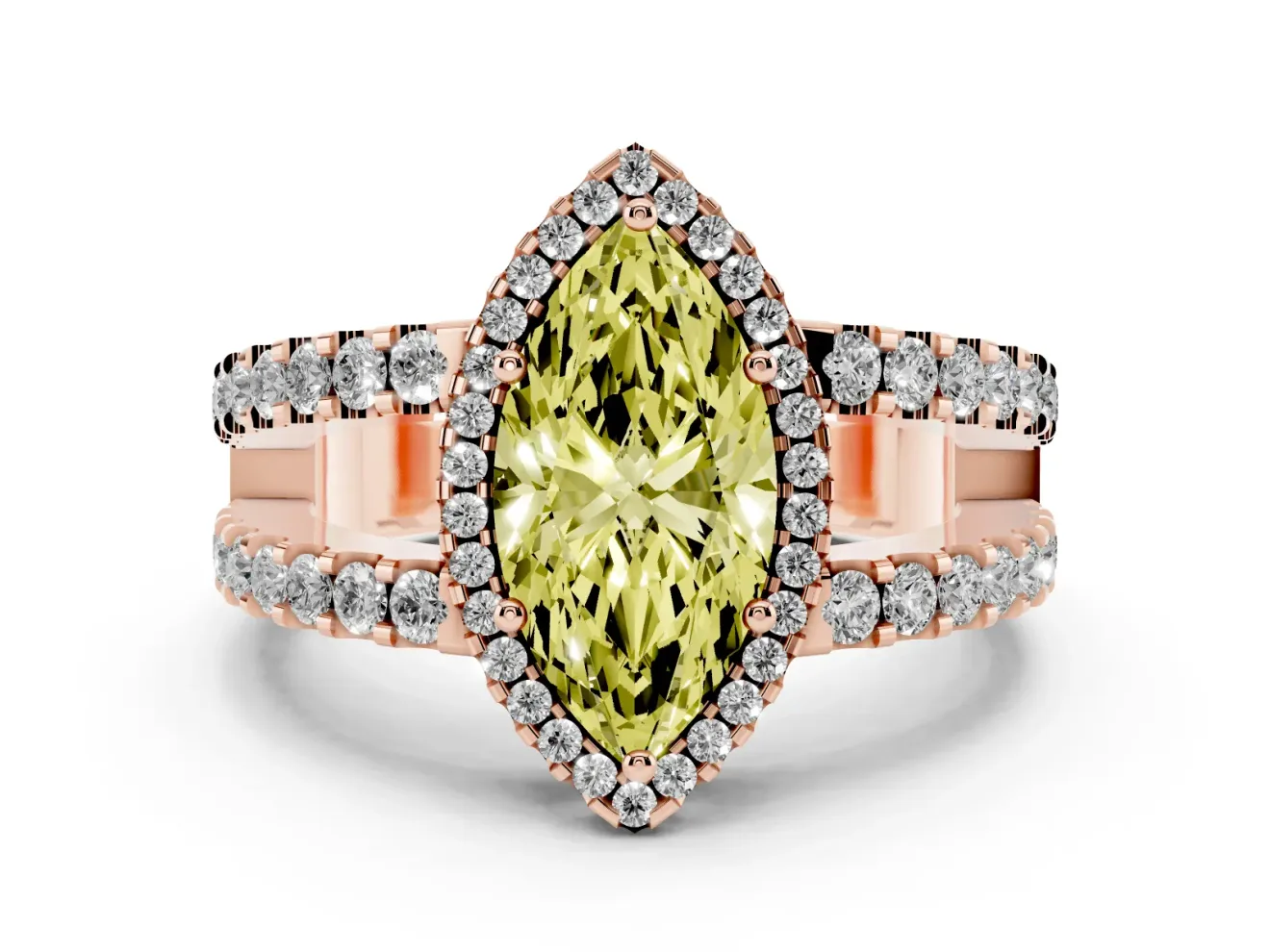 Fancy Yellow Marquise Cut Diamond Halo Ring Set in Rose gold with Pavé Split Shank and Prong Setting