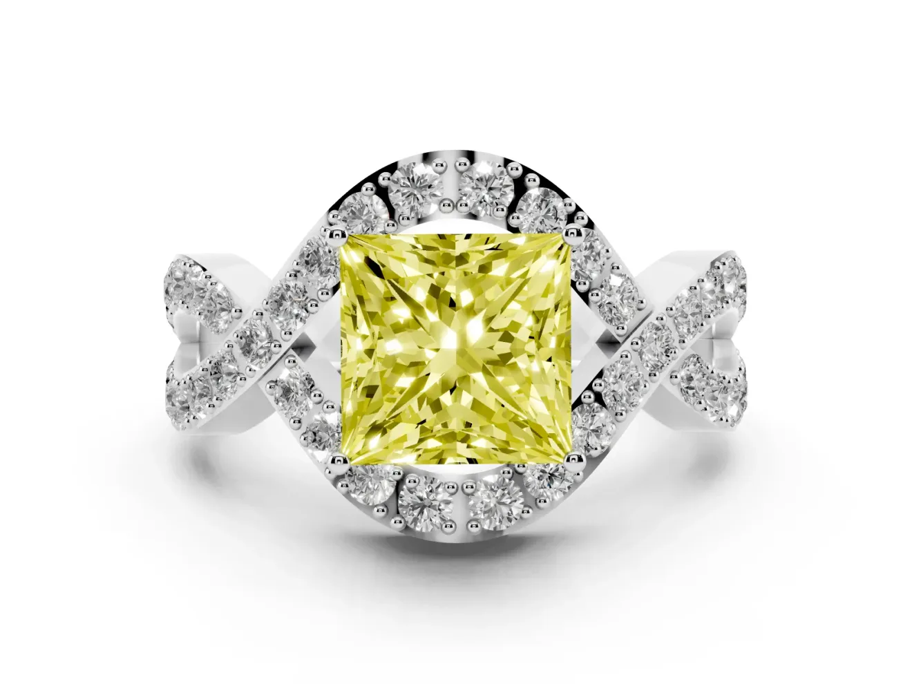 Fancy Yellow Princess Cut Diamond Solitaire Twist Band Pavé Engagement Ring Set in Silver