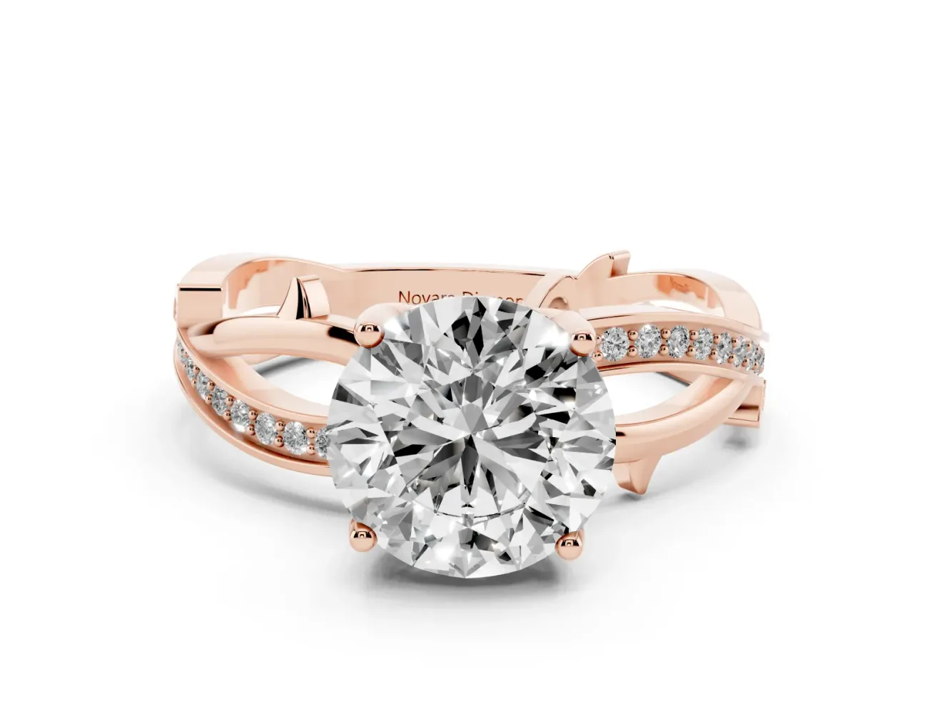 Round Cut Diamond Pavé Twist Band Solitaire Ring Set in Rose gold with Prong Setting
