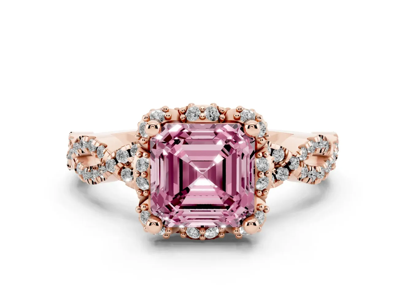 Fancy Pink Asscher Cut Diamond Halo Twist Band Solitaire Ring Set in Rose gold with Prong-Set Center Stone
