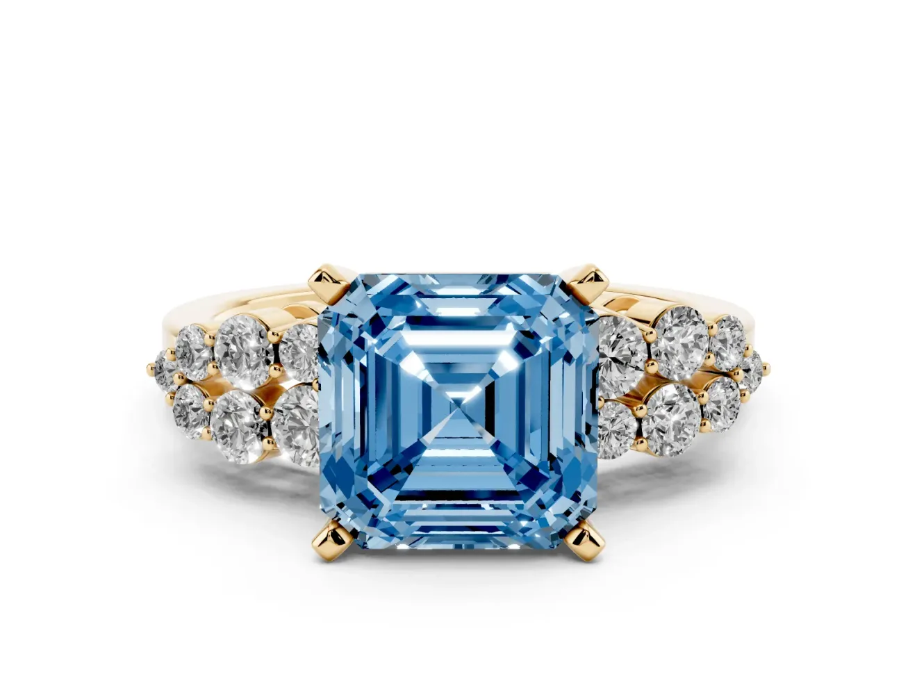 Fancy Blue Asscher Cut Diamond Cluster Engagement Ring Set in Yellow gold with Pavé Band and Prong Setting
