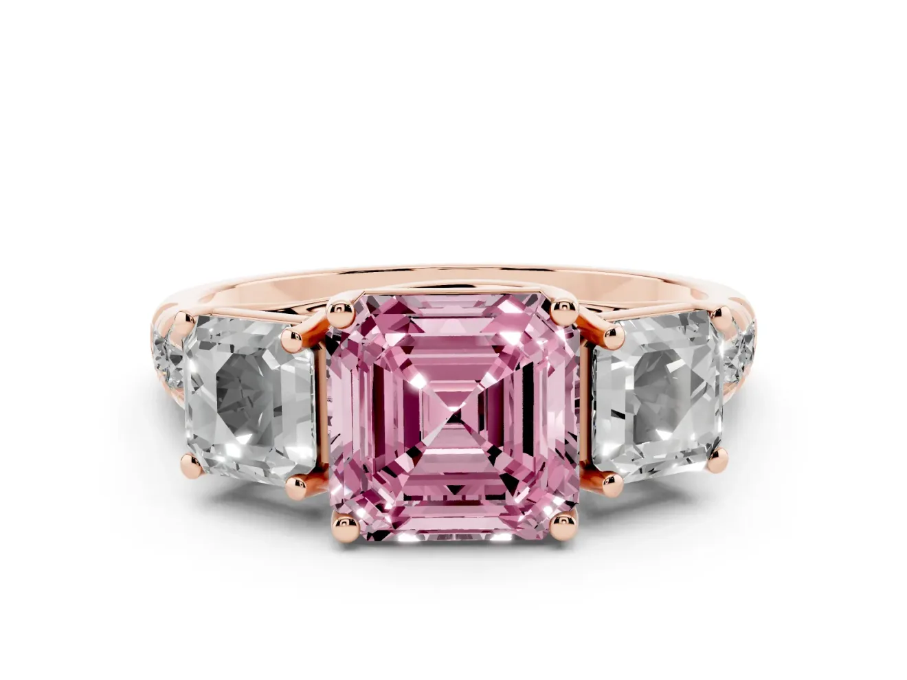 Asscher Cut Three Stone Engagement Ring Setting for a Fancy Pink Lab-Grown Diamond | Accented Shoulders | Rose Gold