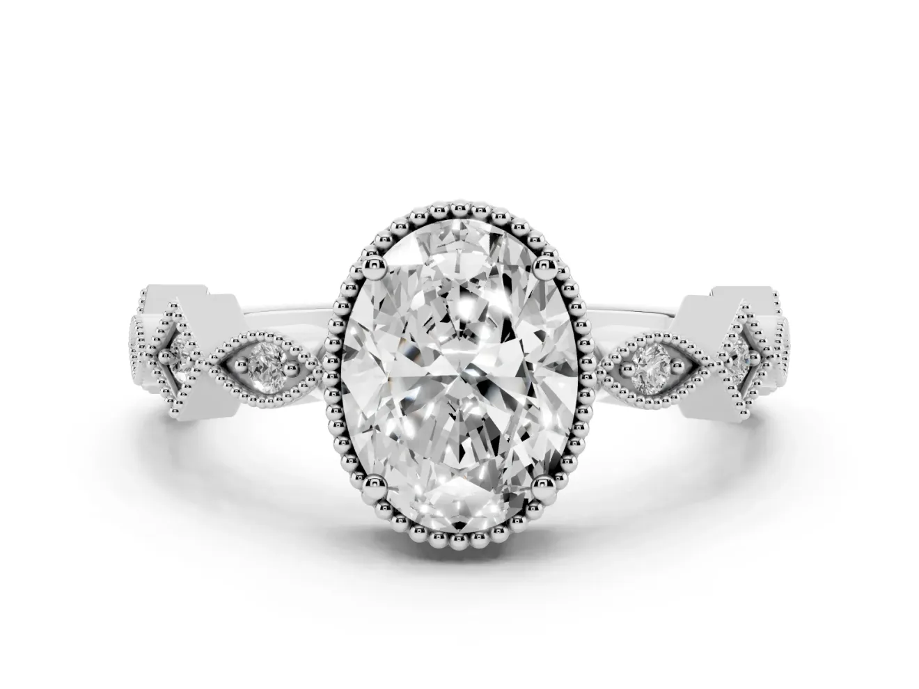 Oval Milgrain Bezel Engagement Ring Setting | Geometric Station Band | White Gold