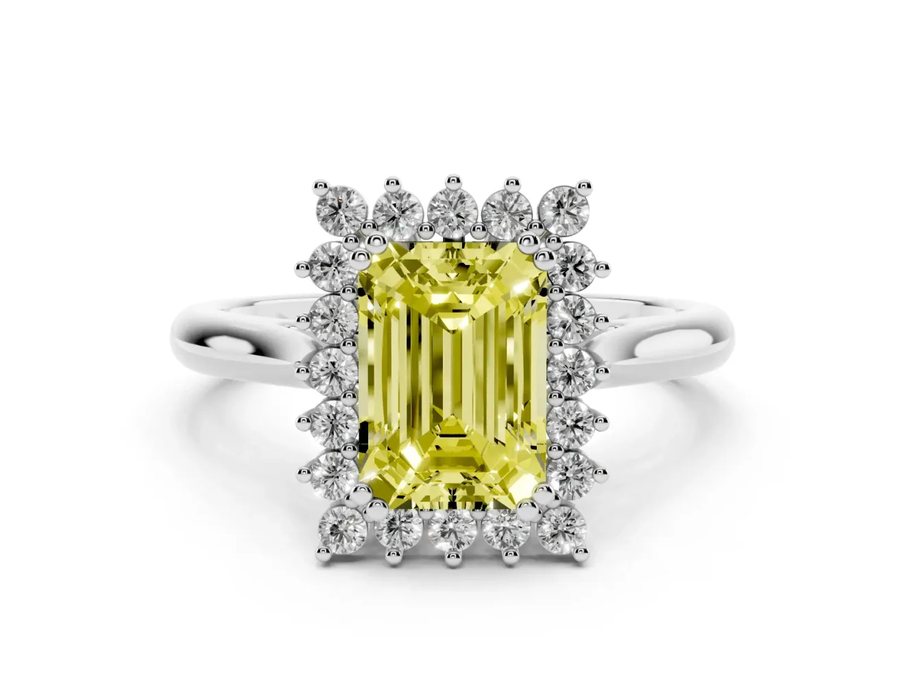 Fancy Yellow Emerald Cut Diamond Halo Ring Set in Silver with Plain Solitaire Band and Prong Setting
