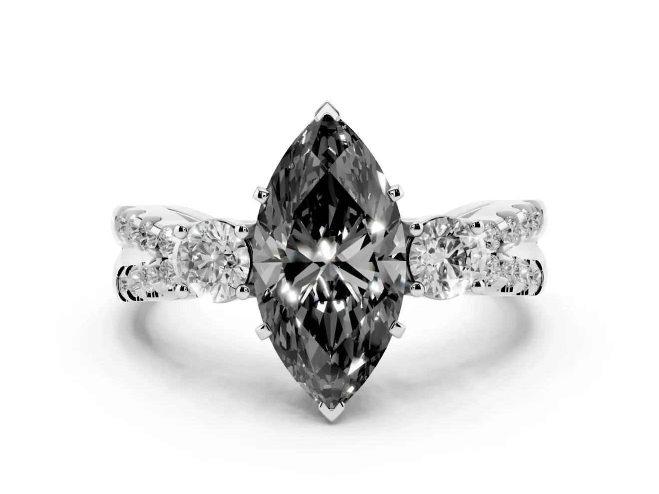 Marquise Three Stone Engagement Ring Setting for a Black Center | Pavé Split Shank | Sterling Silver