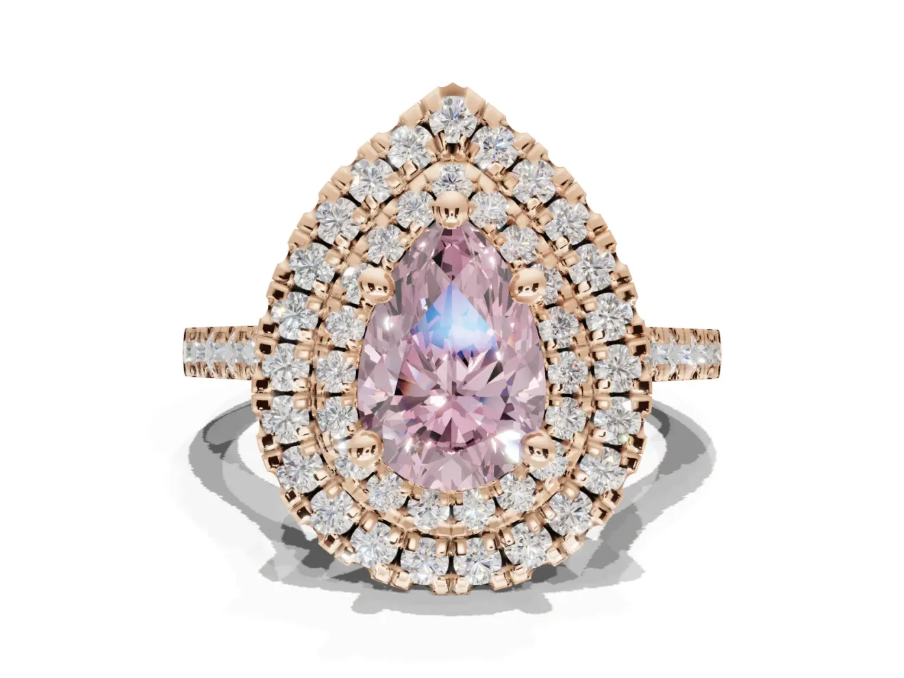 Fancy Pink Pear-Shaped Lab-Grown Diamond Double Halo Statement Ring Set in Rose Gold with Pavé Band