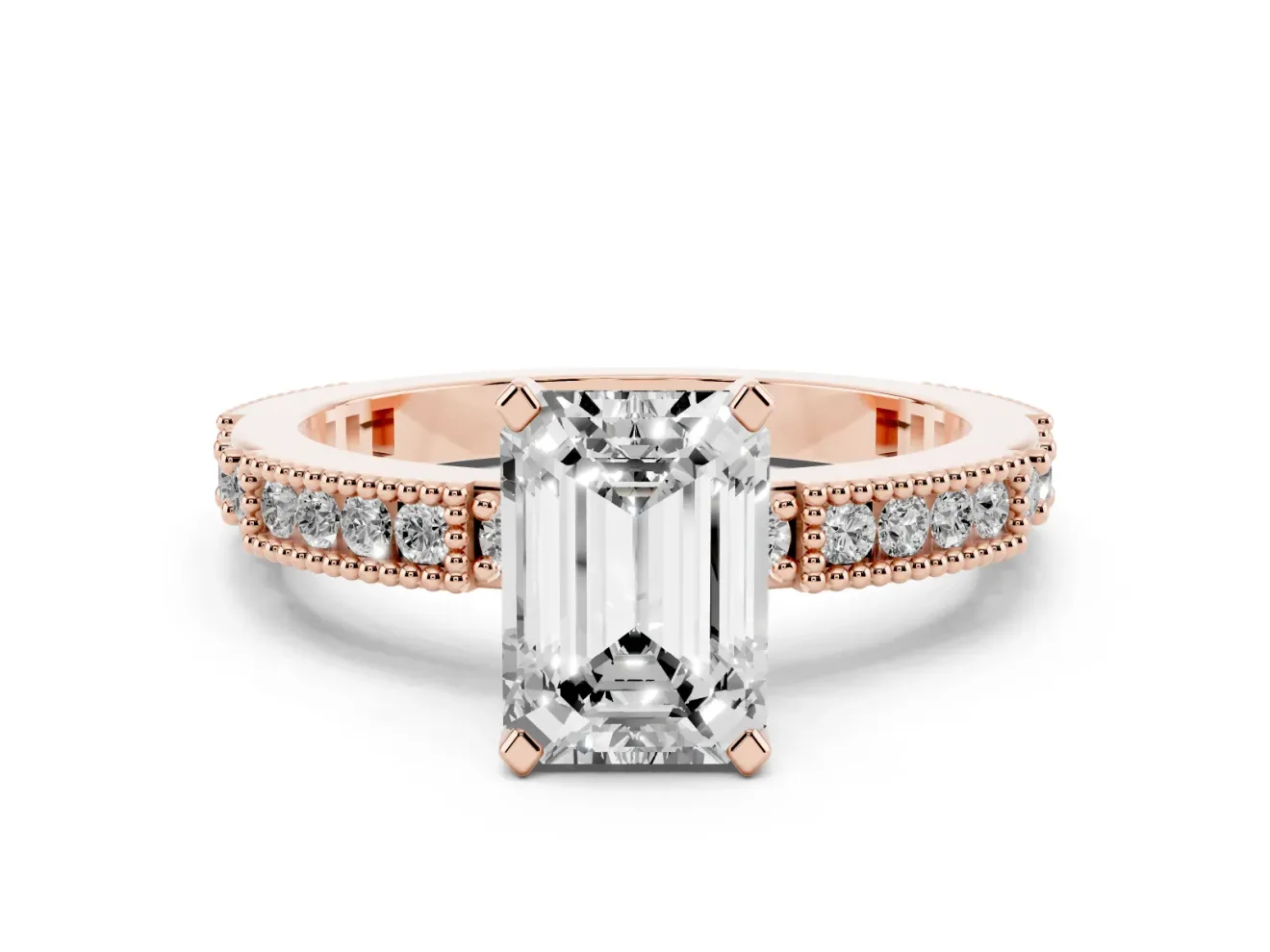 Emerald Cut Diamond Solitaire Ring Set in Rose gold with Slim Pavé Band and Prong Setting