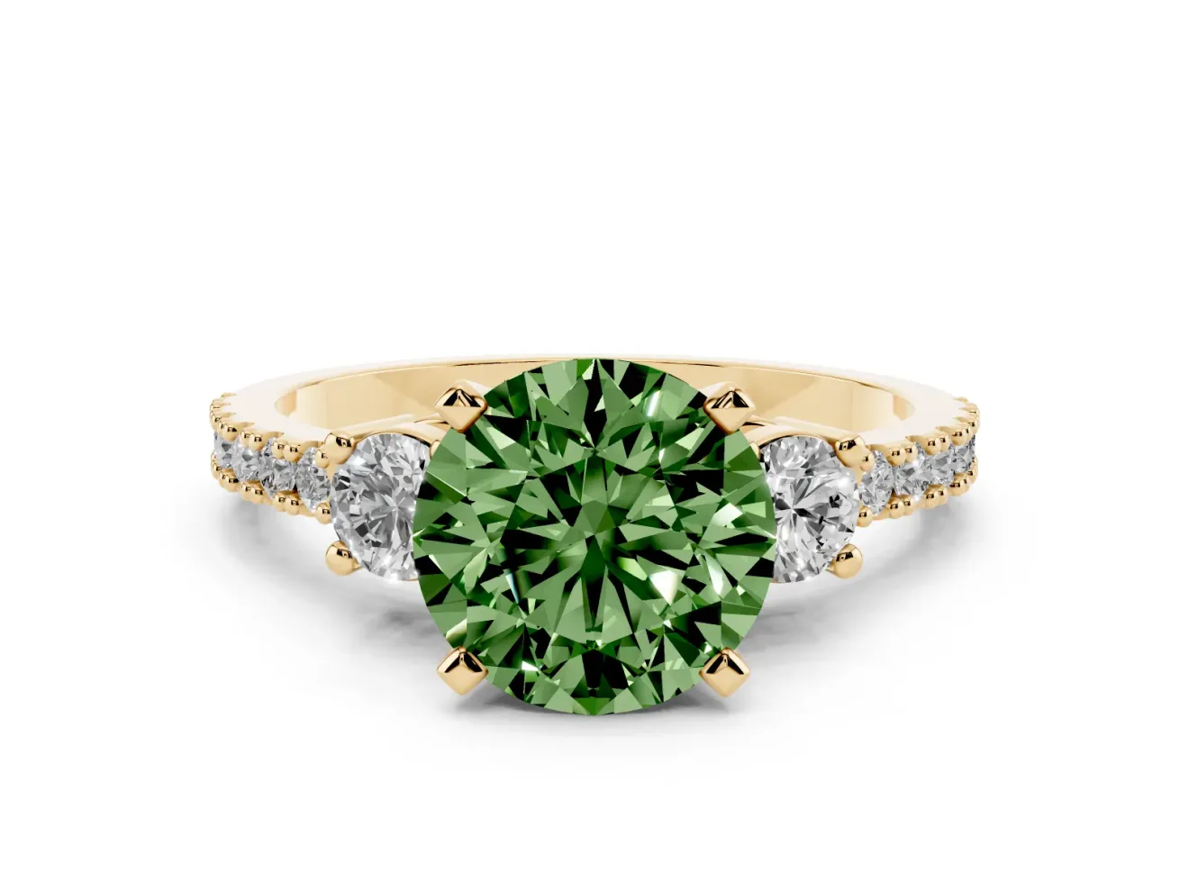 Fancy Green Three-Stone Round Cut Diamond Pavé Band Ring Set in Yellow gold with Prong Setting
