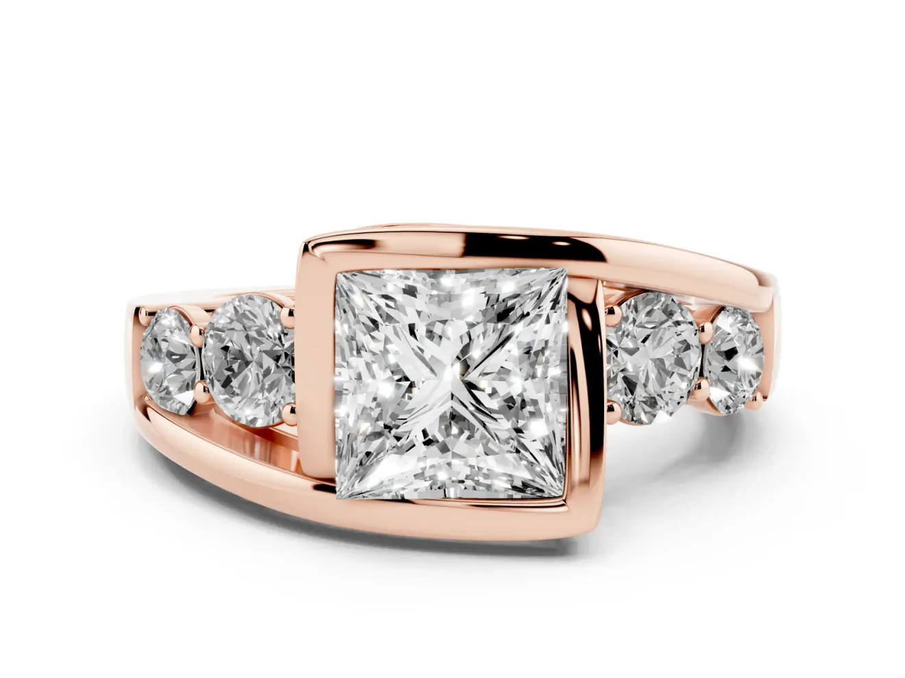 Princess Cut Diamond Bezel Bypass Ring Set in Rose gold with Round Accents