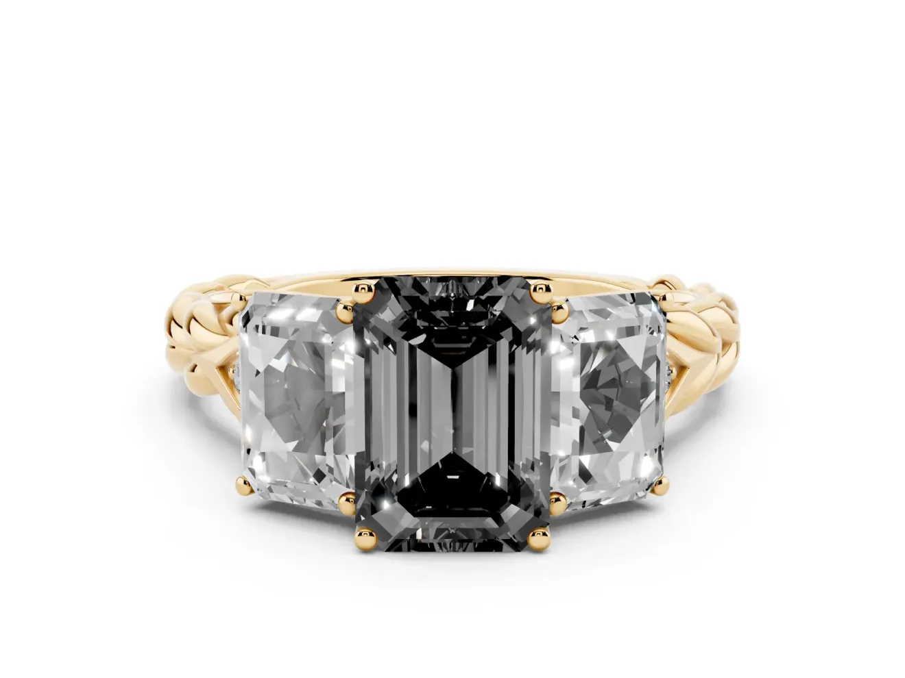 Emerald Cut Three Stone Engagement Ring Setting for a Black Center | Braided Band | Yellow Gold