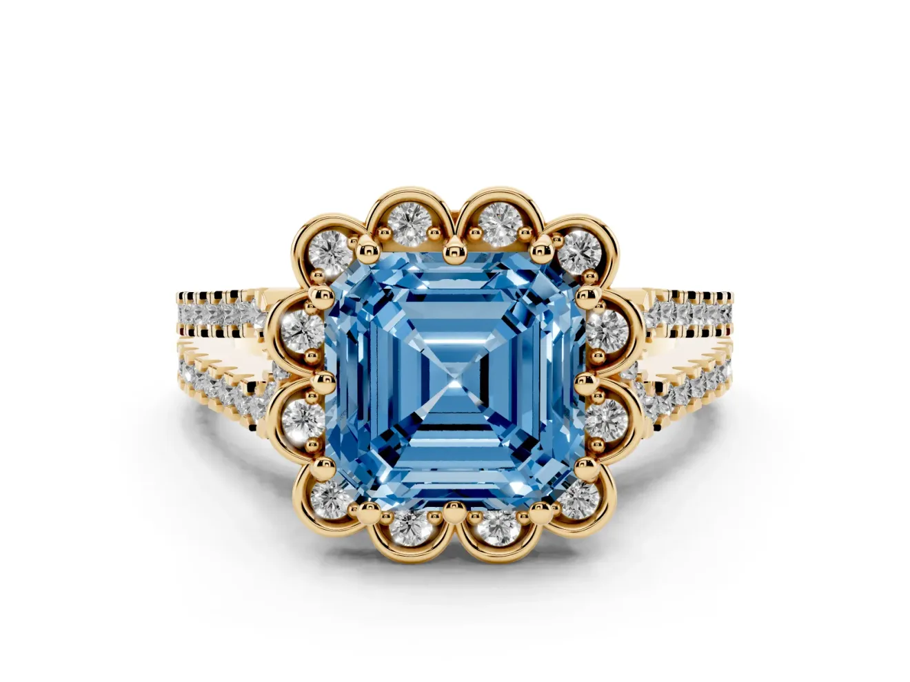 Asscher Cut Floral Halo Engagement Ring Setting for a Fancy Blue Lab-Grown Diamond | Pavé Split Shank | Yellow Gold