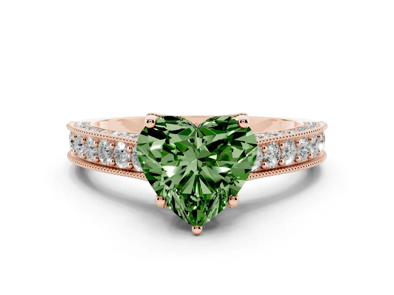 Heart-Shaped Hidden Halo Engagement Ring Setting for a Fancy Green Lab-Grown Diamond | Milgrain Pave | Rose Gold