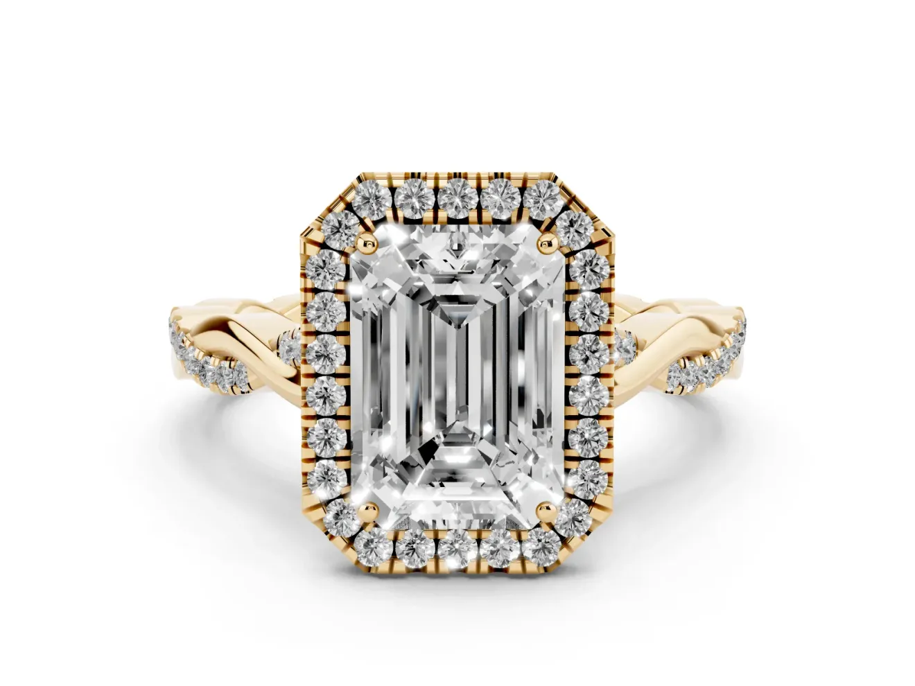 Emerald Cut Halo Engagement Ring Setting | Pavé Twist Band | Yellow Gold