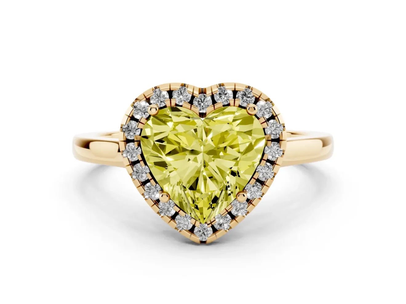 Heart-Shaped Halo Engagement Ring Setting for a Fancy Yellow Lab-Grown Diamond | Flat Tapered Band | Yellow Gold