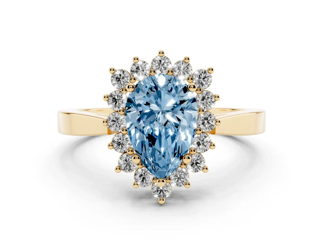 Fancy Blue Pear Cut Diamond Halo Ring Set in Yellow gold with Round Halo and Smooth Solitaire Band